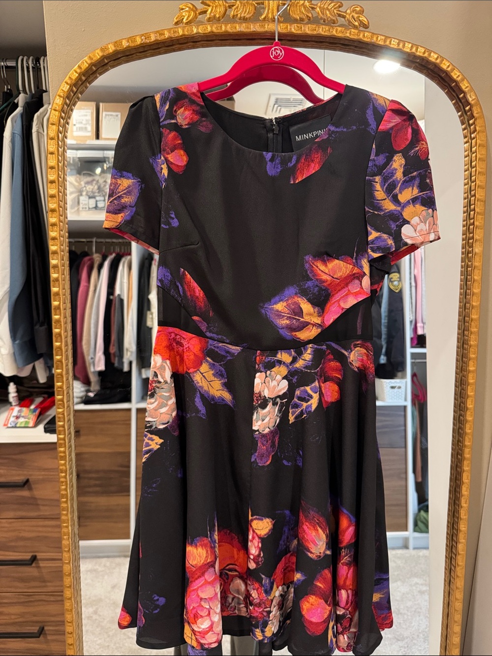 MINKPINK Black Dress with Red, Purple & Orange Floral Print